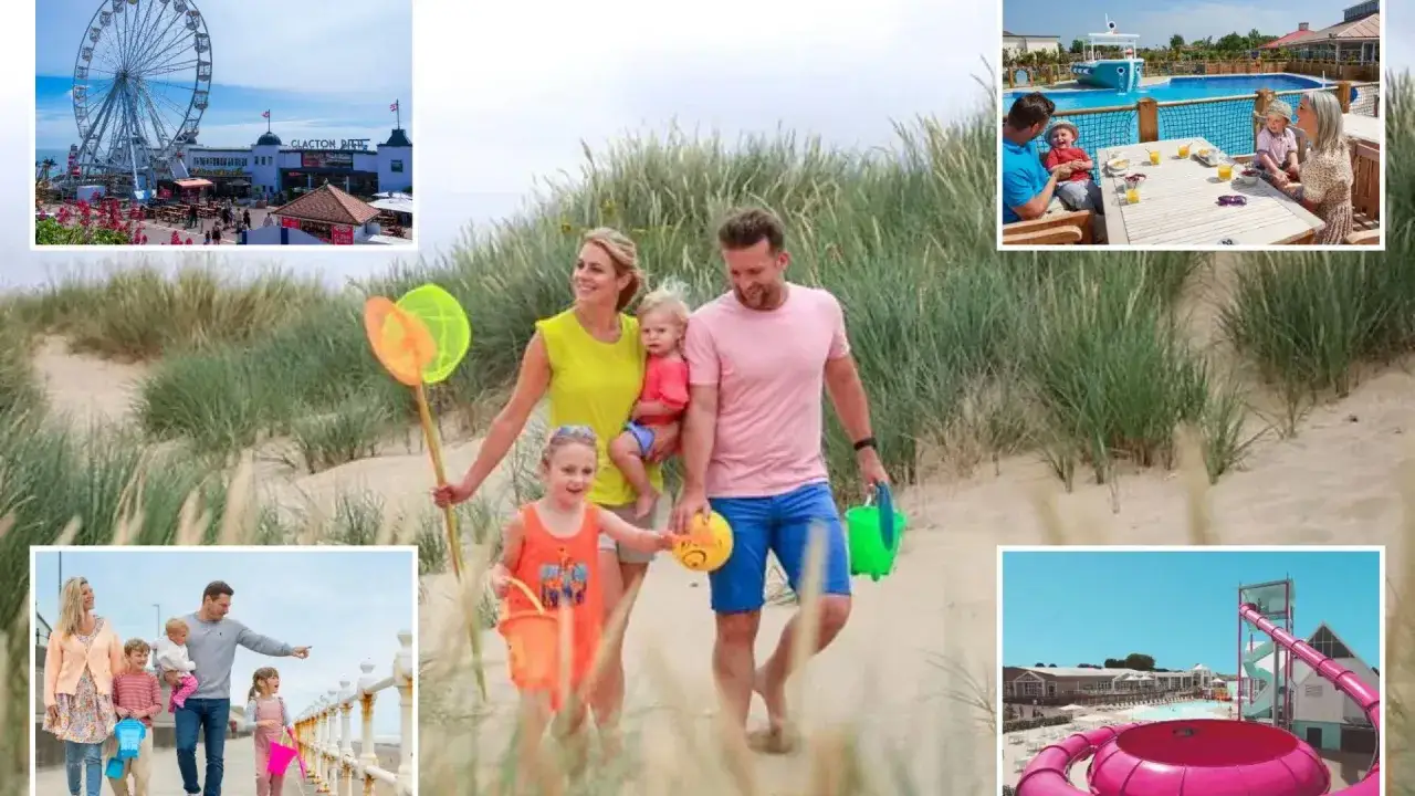 Family enjoying a beach holiday with affordable mobile home rentals. Includes a Ferris wheel, pool, and water slide.