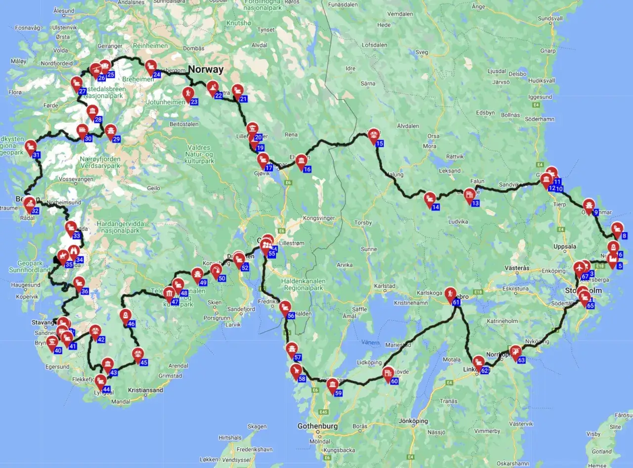Map of Norway and Sweden with a marked route, ideal for your best RV trip planner.