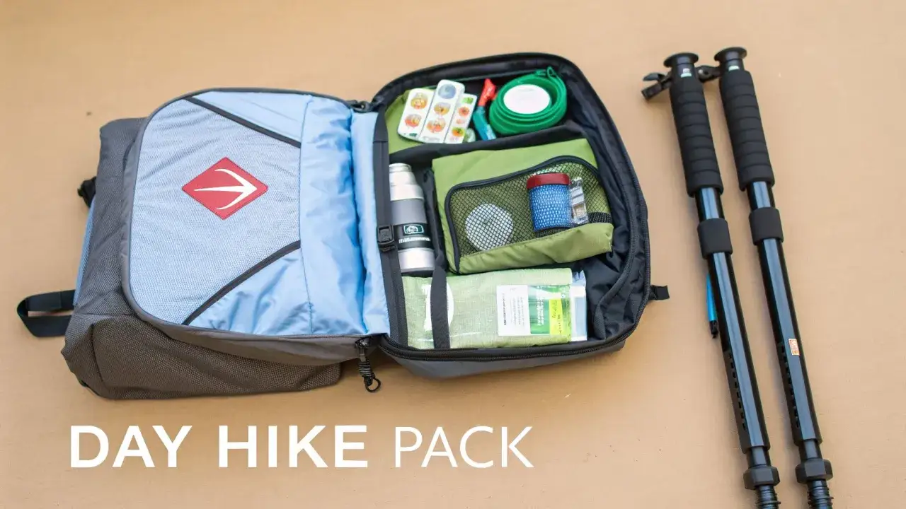 Contents for how to pack a day pack for hiking: water bottle, first aid, snacks, and trekking poles.