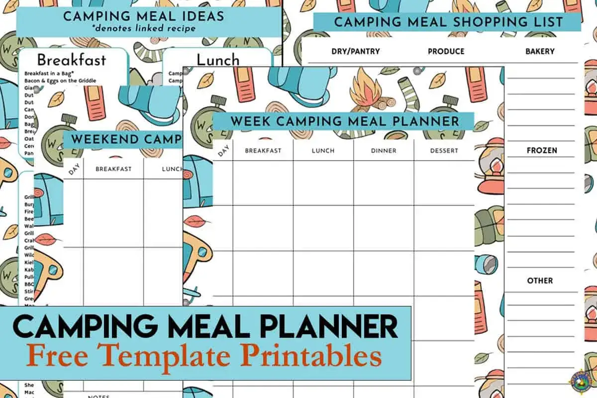 A camping meal plan template with sections for breakfast, lunch, dinner, and dessert, plus a shopping list.