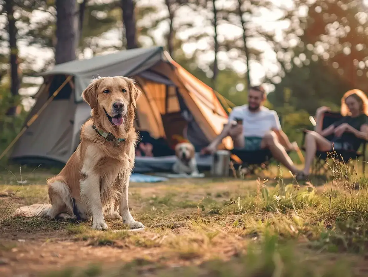A happy golden retriever sits in the foreground, ready for dog camping. A tent and people are blurred in the background.