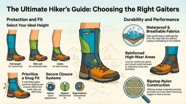 Gaiters protect your legs and boots from snow, mud, and debris. This guide shows different heights and features of gaiters for hiking.
