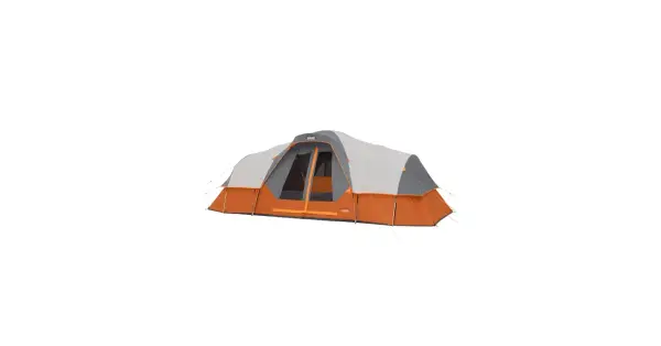 A large, orange and grey CORE tent stands ready for adventure. This tent looks like it's good quality for any camping trip.
