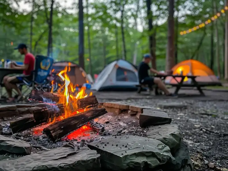 A crackling campfire sets the scene for a large group camping trip. Tents glow in the twilight as friends gather around picnic tables in the woods.