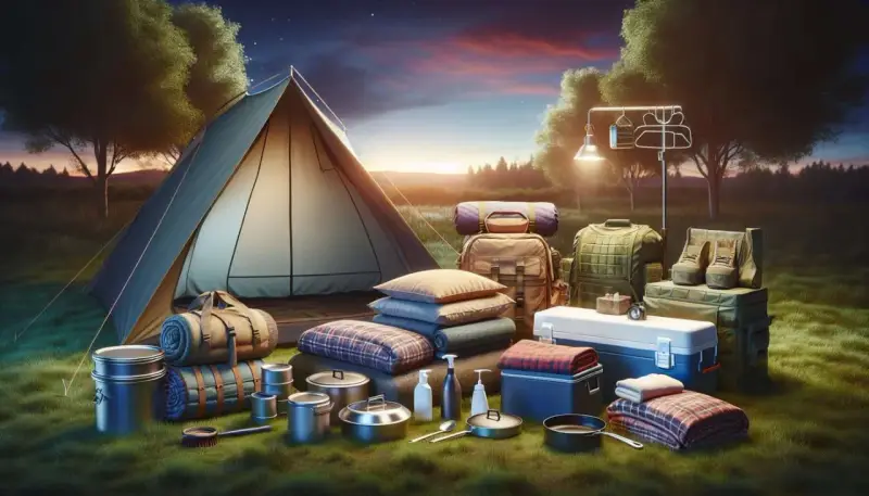 All the essentials for a camping trip are laid out: tent, sleeping bags, cookware, cooler, clothing, and boots.